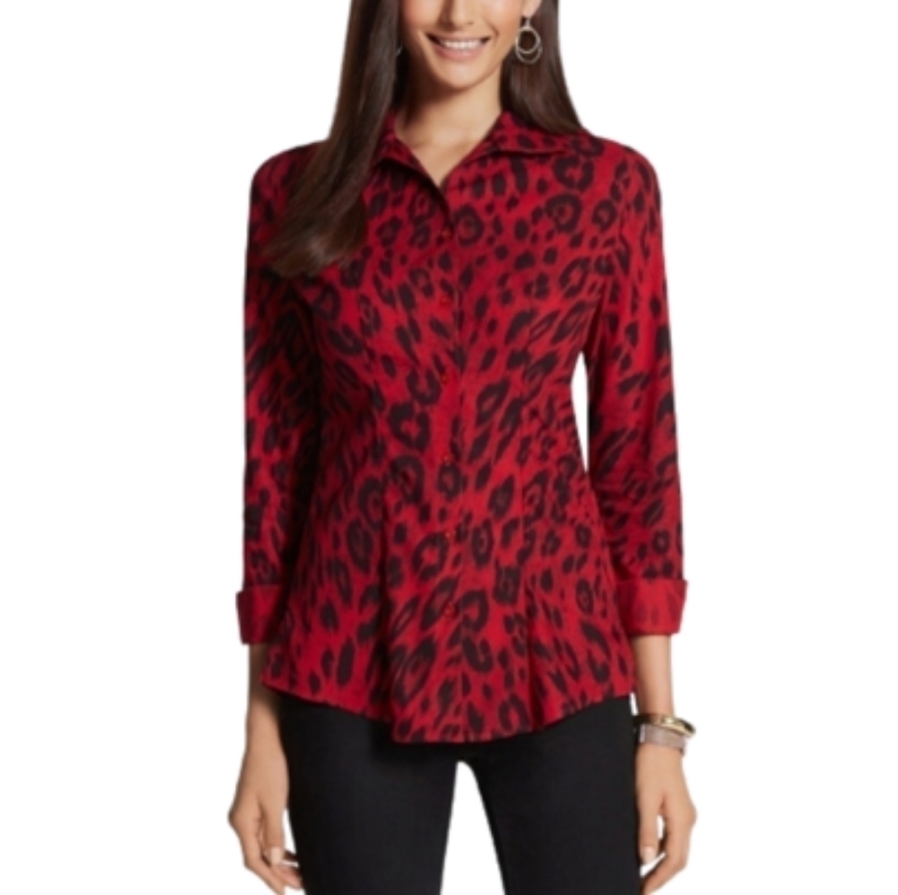 Chicos Effortless Glam Cheetah Kelsey Button Down Shirt Top Women's Size 4